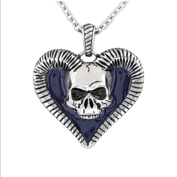 Horned Skull Heart Necklace - Blue Heart - NWT Stainless Steel - Picture 1 of 6